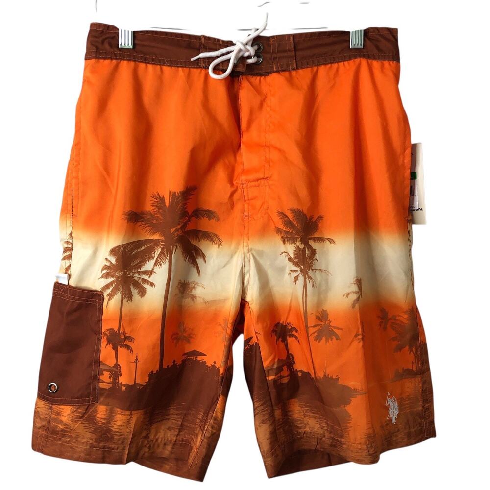 U.S. Polo Assn. NWT Men's Orange Tropical Palm Tree Swim Trunks Shorts Large